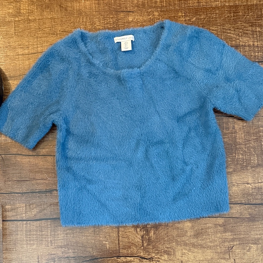 Sincerely Jules Blue Fuzzy Short-Sleeve Crew Sweater